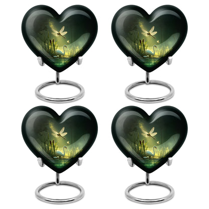 Sage Green Dragonfly Cremation Urn angled view of lid and engraved motif - heart-shaped dragonfly design symbolizing eternal love - 10 inch aluminum urn for cremated remains