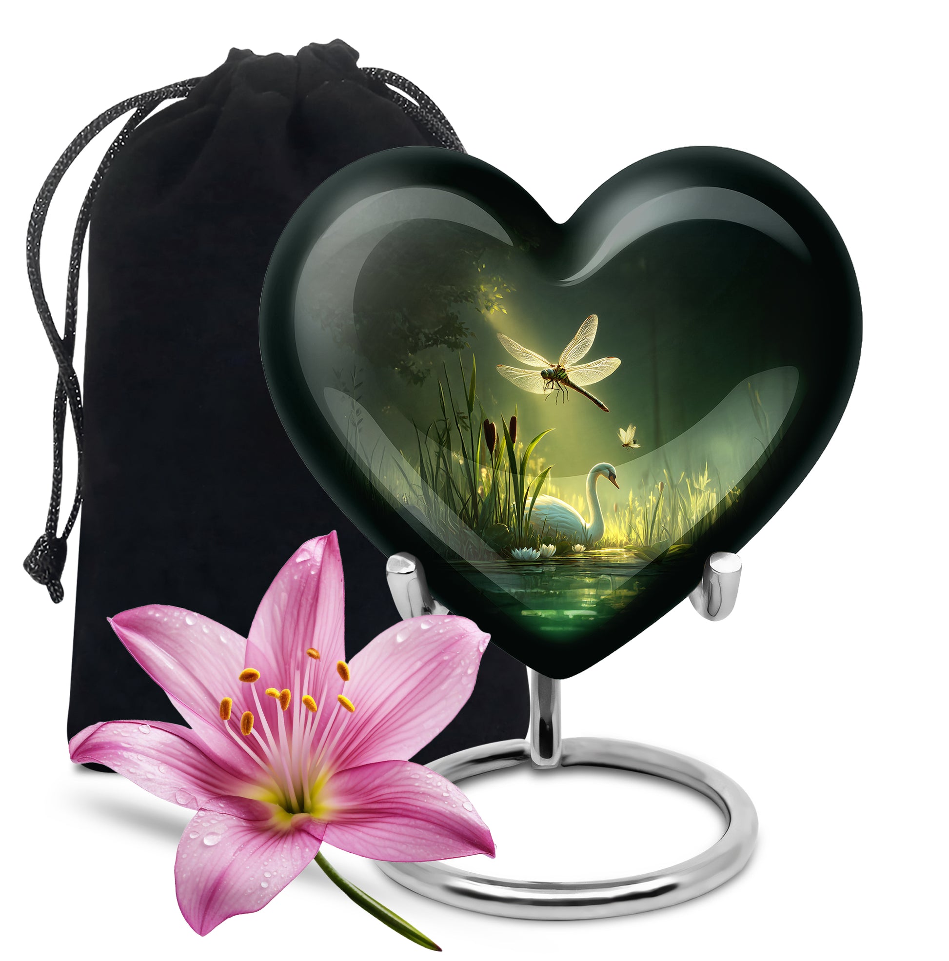 Sage Green Dragonfly Cremation Urn detail view - loving heart memorial featuring dragonfly pattern - full-size 10 inch 200 cubic inch adult cremation urn