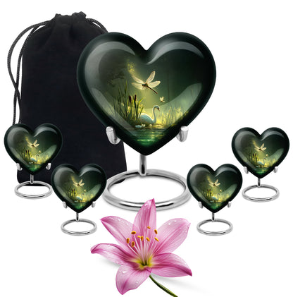 Emerald Green Dragonfly Cremation Urn close-up of engraving and surface detail - loving heart memorial featuring dragonfly pattern - memorial set with one large and four small urns