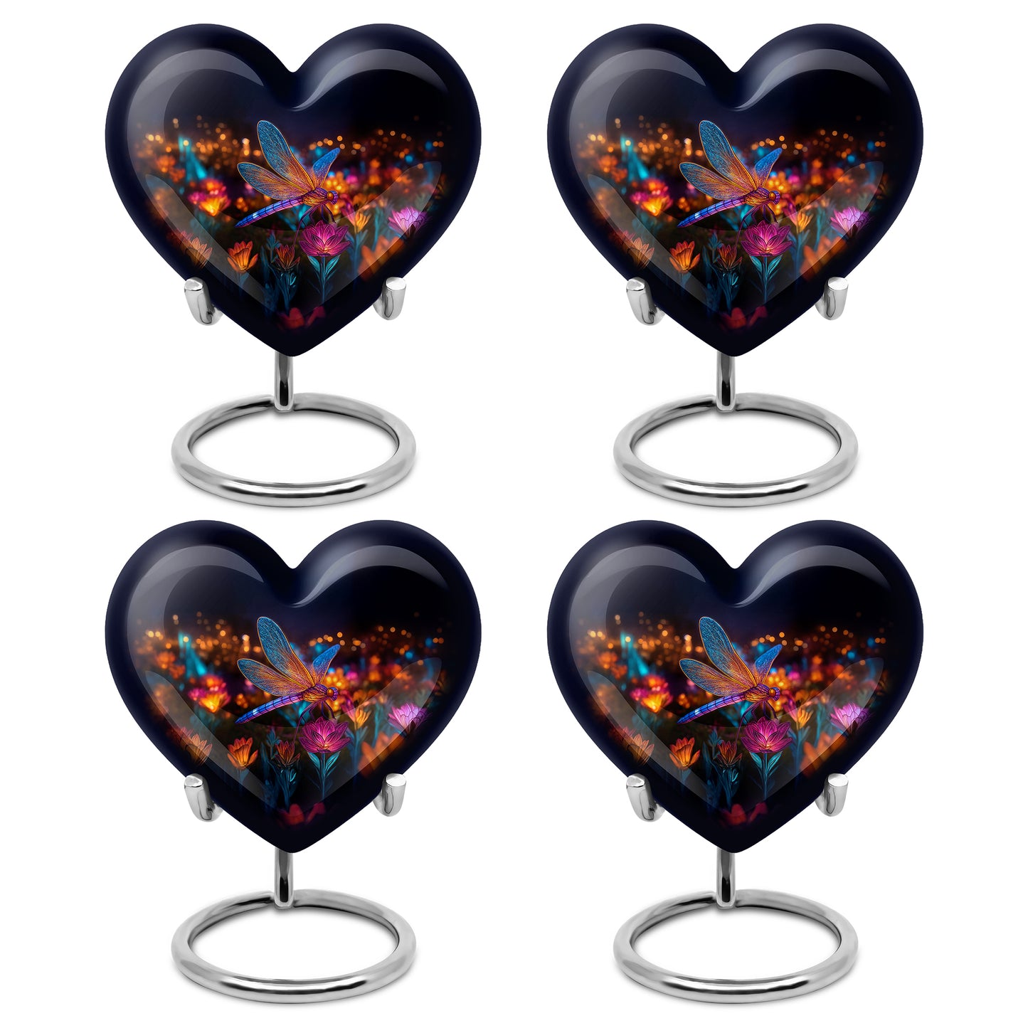 Onyx Black Dragonfly Cremation Urn angled view of lid and engraved motif - romantic heart urn with dragonfly motif on aluminum - 10 inch aluminum urn for cremated remains