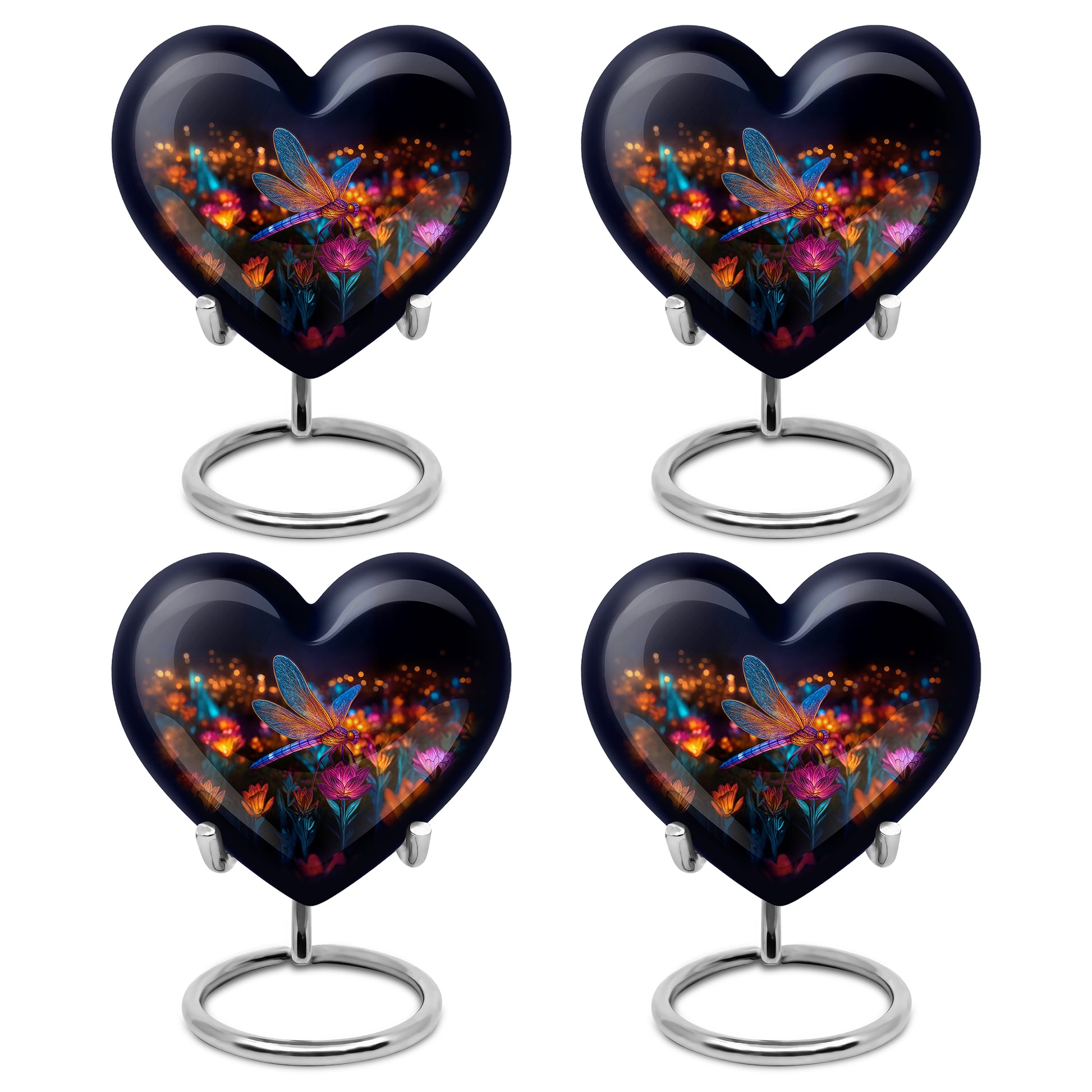 Onyx Black Dragonfly Cremation Urn angled view of lid and engraved motif - romantic heart urn with dragonfly motif on aluminum - 10 inch aluminum urn for cremated remains