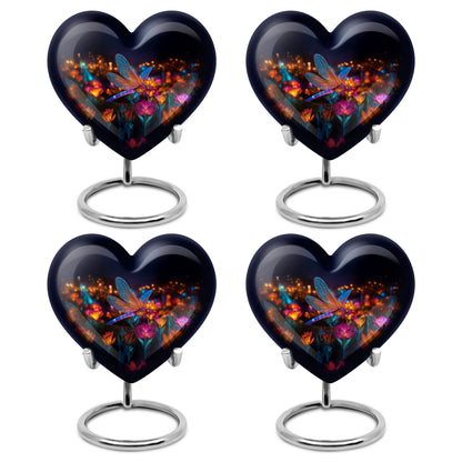 Onyx Black Dragonfly Cremation Urn angled view of lid and engraved motif - romantic heart urn with dragonfly motif on aluminum - 10 inch aluminum urn for cremated remains