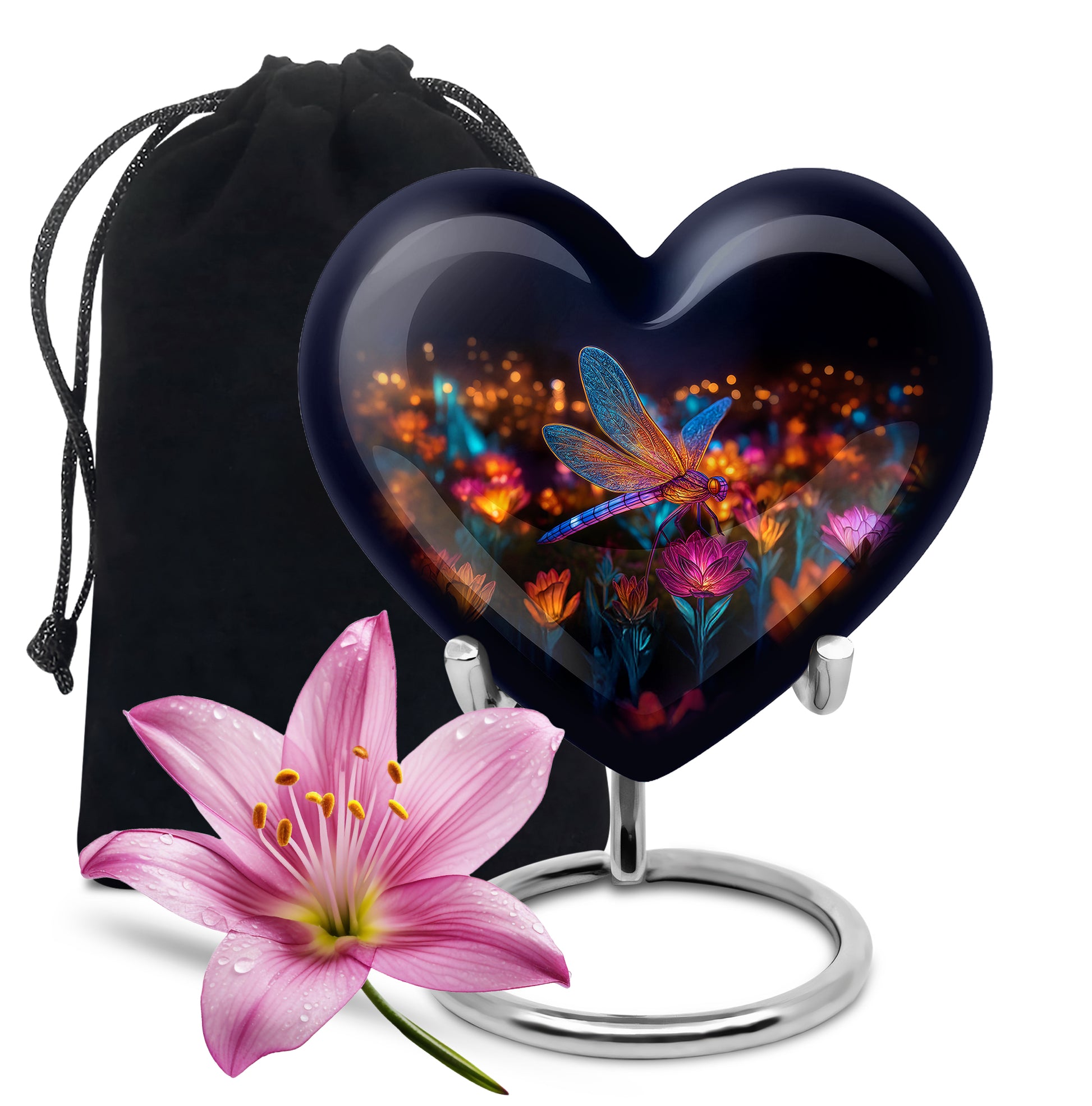 Onyx Black Dragonfly Cremation Urn detail view - compassionate heart-dragonfly combination with gentle curves - full-size 10 inch 200 cubic inch adult cremation urn