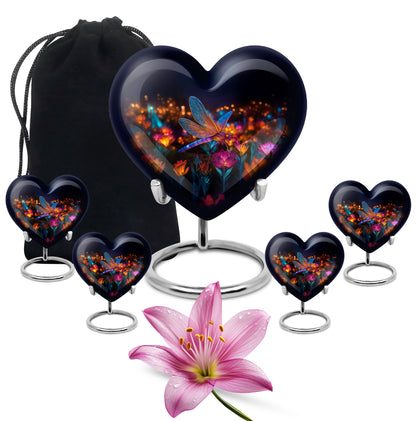 Ebony Dragonfly Cremation Urn close-up of engraving and surface detail - loving heart memorial featuring dragonfly pattern - memorial set with one large and four small urns