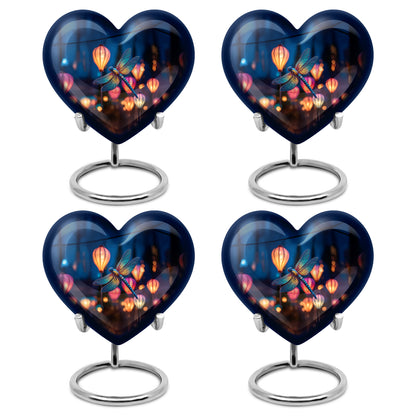 Royal Blue Dragonfly Cremation Urn angled view of lid and engraved motif - romantic heart urn with dragonfly motif on aluminum - 10 inch aluminum urn for cremated remains