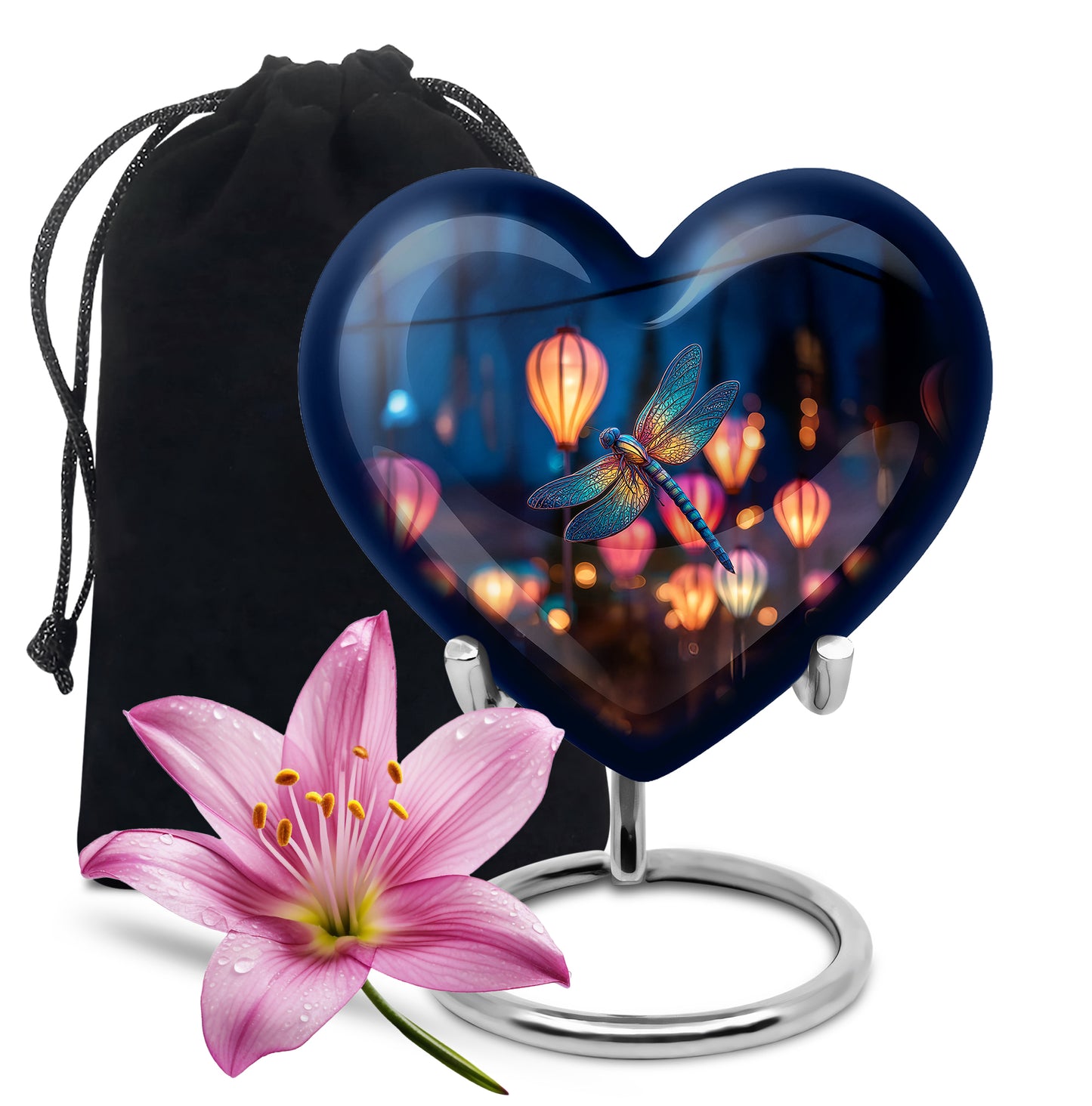 Bright Blue Dragonfly Cremation Urn detail view - compassionate heart-dragonfly combination with gentle curves - full-size 10 inch 200 cubic inch adult cremation urn