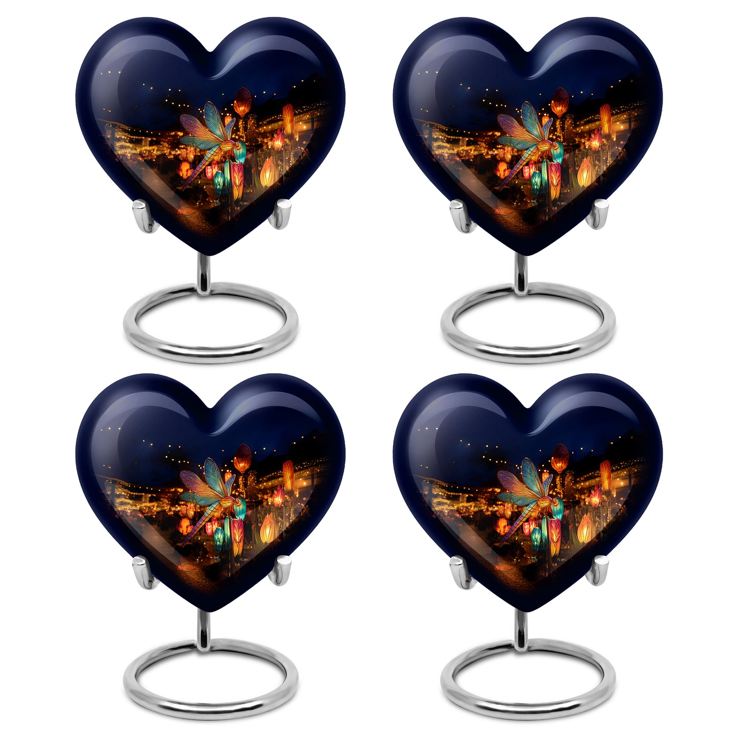 Cobalt Blue Dragonfly Cremation Urn angled view of lid and engraved motif - compassionate heart-dragonfly combination with gentle curves - 10 inch aluminum urn for cremated remains