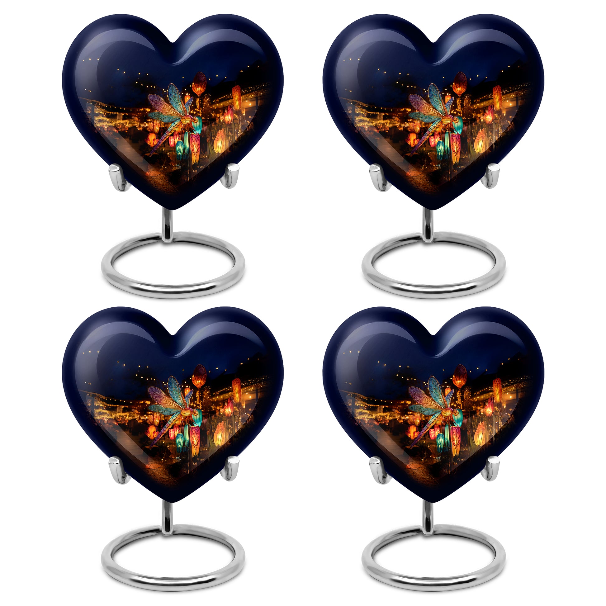 Cobalt Blue Dragonfly Cremation Urn angled view of lid and engraved motif - compassionate heart-dragonfly combination with gentle curves - 10 inch aluminum urn for cremated remains
