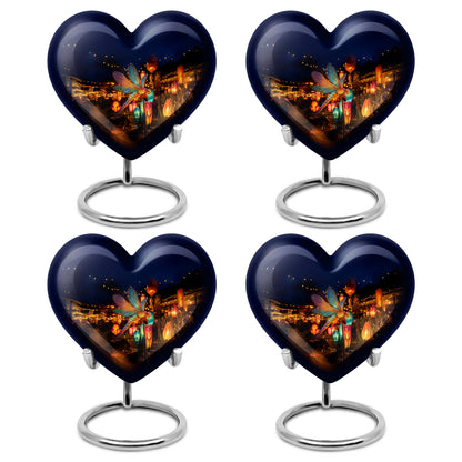 Cobalt Blue Dragonfly Cremation Urn angled view of lid and engraved motif - compassionate heart-dragonfly combination with gentle curves - 10 inch aluminum urn for cremated remains