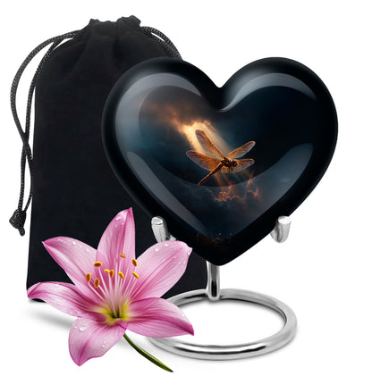 Navy Blue Dragonfly Cremation Urn detail view - heart-shaped dragonfly design symbolizing eternal love - full-size 10 inch 200 cubic inch adult cremation urn