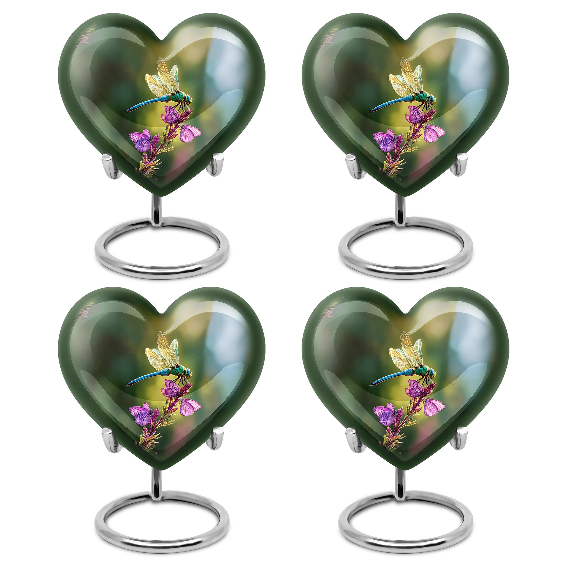 Jade Green Dragonfly Cremation Urn angled view of lid and engraved motif - loving heart memorial featuring dragonfly pattern - 10 inch aluminum urn for cremated remains