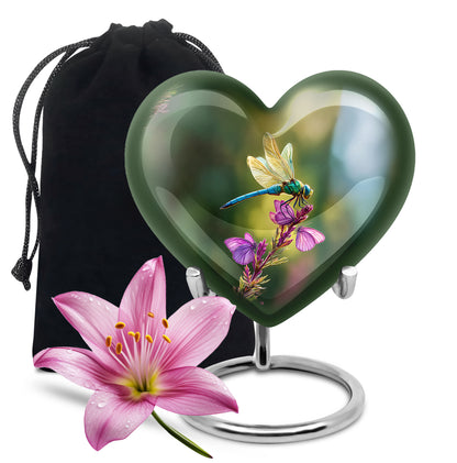 Jade Green Dragonfly Cremation Urn detail view - heart-shaped dragonfly design symbolizing eternal love - full-size 10 inch 200 cubic inch adult cremation urn