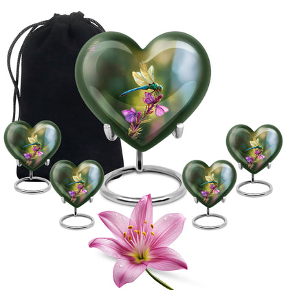 Olive Green Dragonfly Cremation Urn close-up of engraving and surface detail - compassionate heart-dragonfly combination with gentle curves - memorial set with one large and four small urns