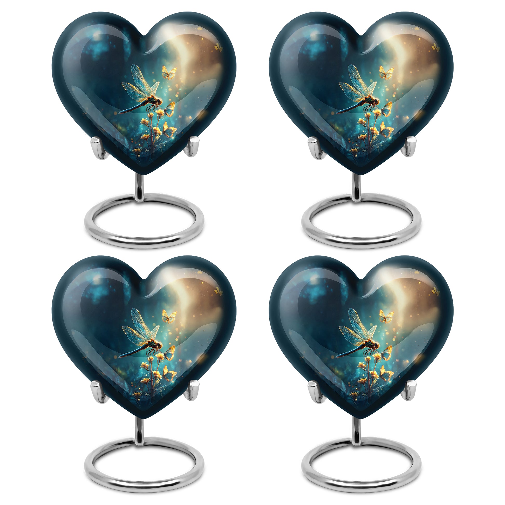 Calming Blue Dragonfly Cremation Urn angled view of lid and engraved motif - romantic heart urn with dragonfly motif on aluminum - 10 inch aluminum urn for cremated remains