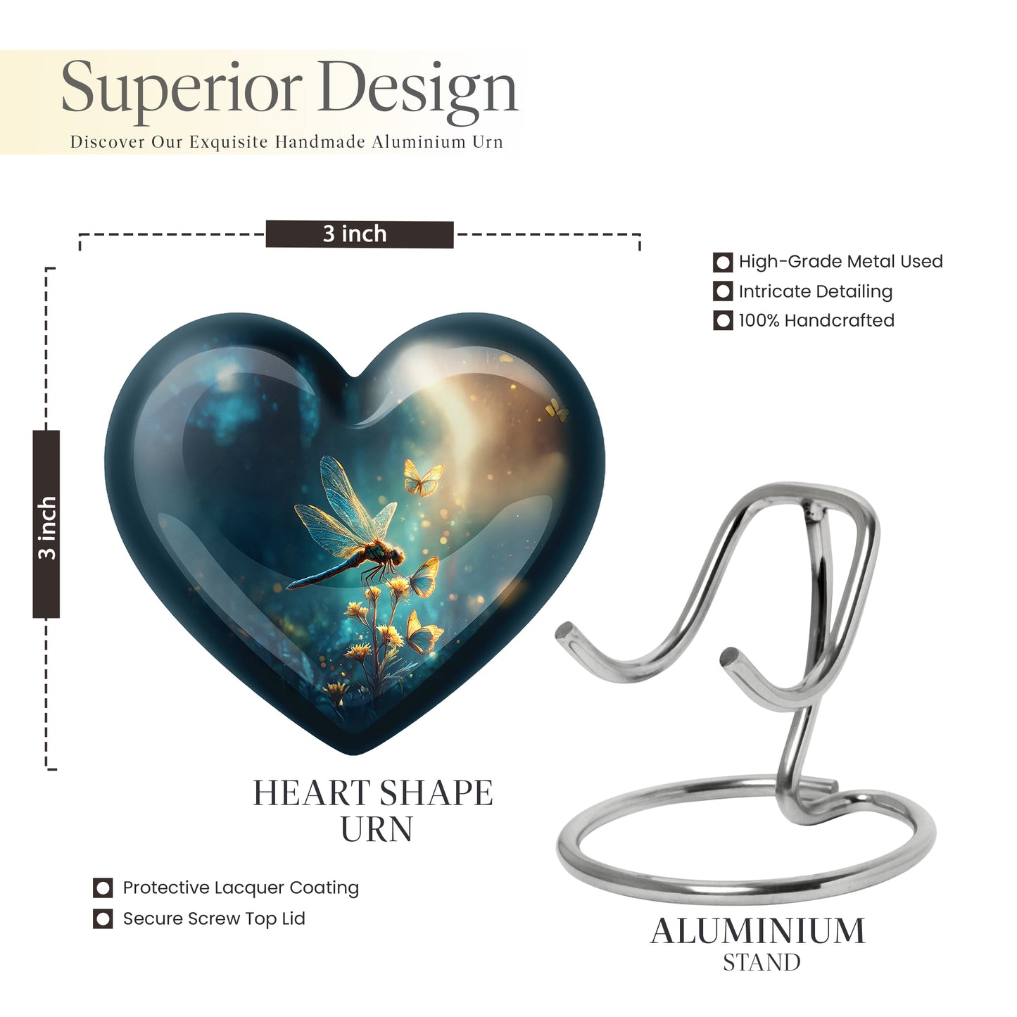 Steel Blue Dragonfly Cremation Urn front view showing detailed design - romantic heart urn with dragonfly motif on aluminum - mini keepsake memorial for portion of cremation ashes
