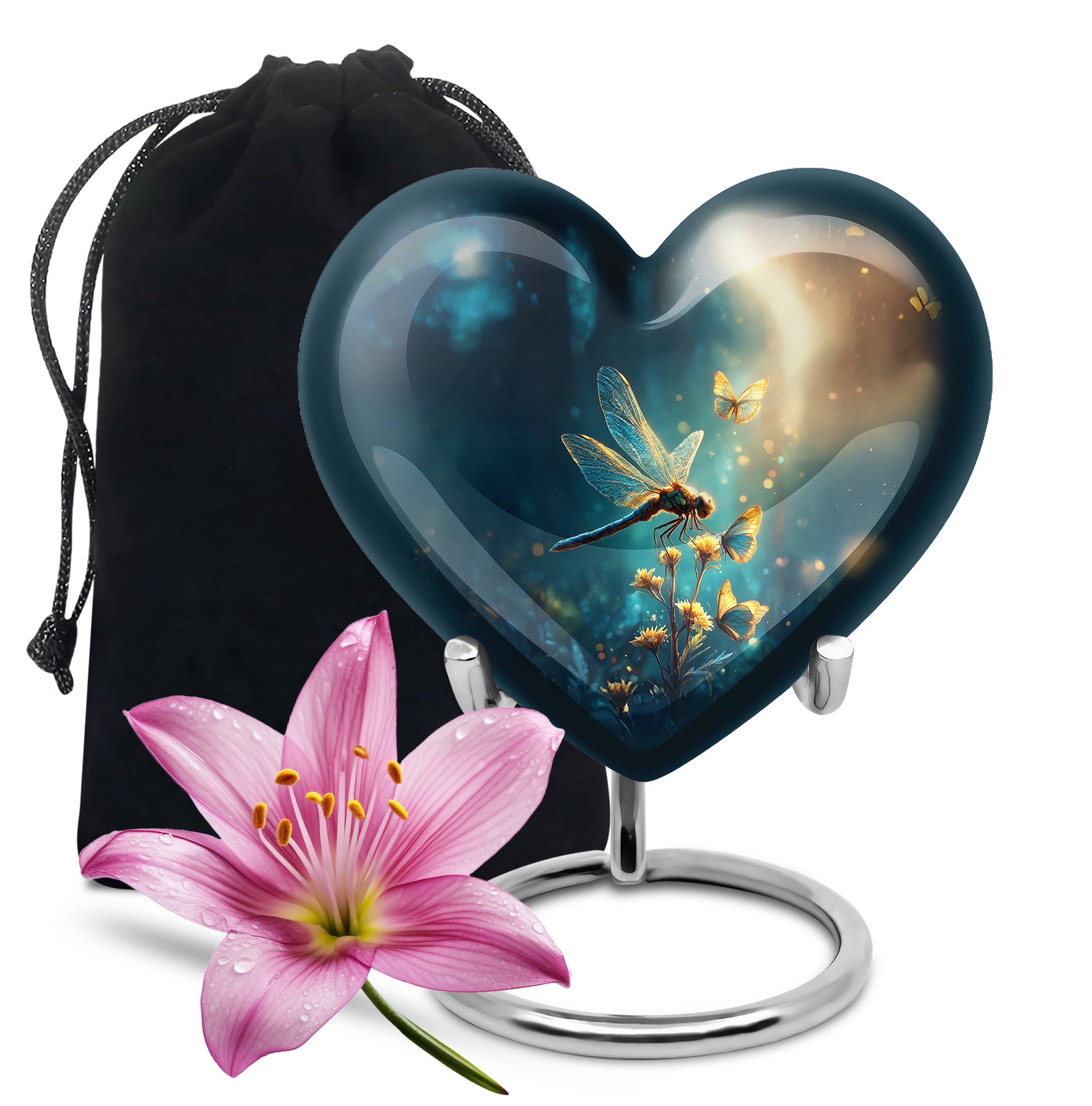 Navy Blue Dragonfly Cremation Urn detail view - heart-shaped dragonfly design symbolizing eternal love - full-size 10 inch 200 cubic inch adult cremation urn
