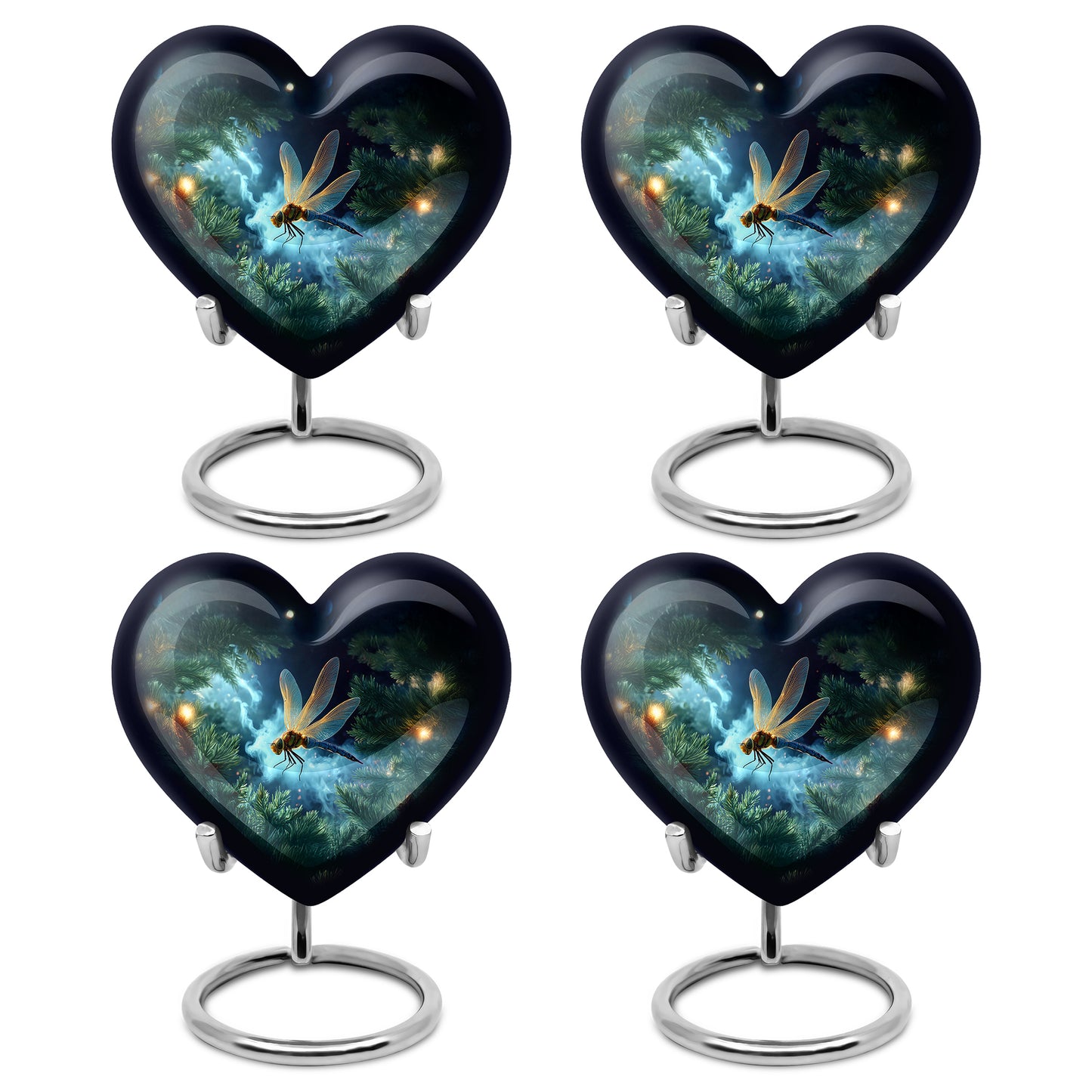 Pastel Blue Dragonfly Cremation Urn angled view of lid and engraved motif - heart-shaped dragonfly design symbolizing eternal love - 10 inch aluminum urn for cremated remains