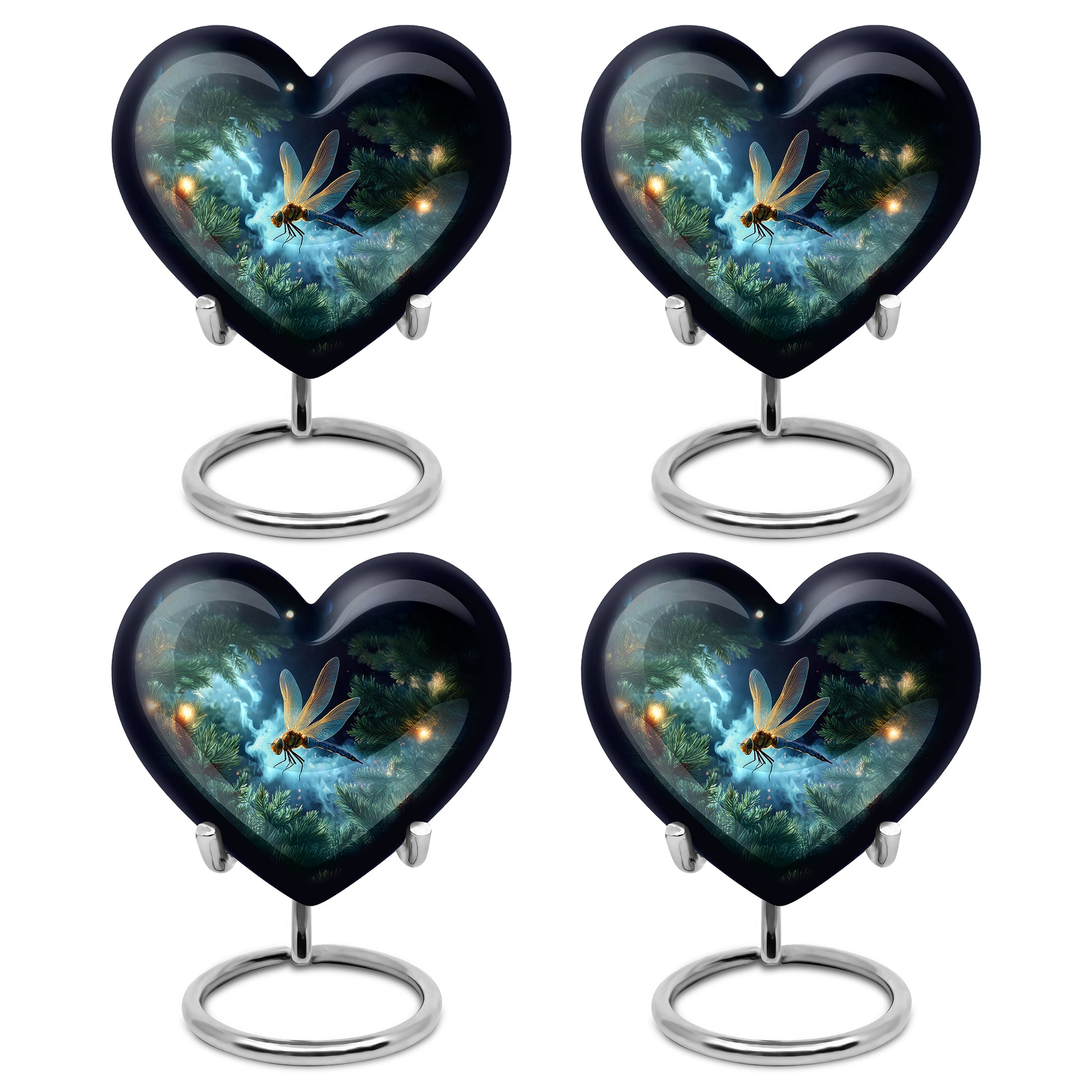 Pastel Blue Dragonfly Cremation Urn angled view of lid and engraved motif - heart-shaped dragonfly design symbolizing eternal love - 10 inch aluminum urn for cremated remains
