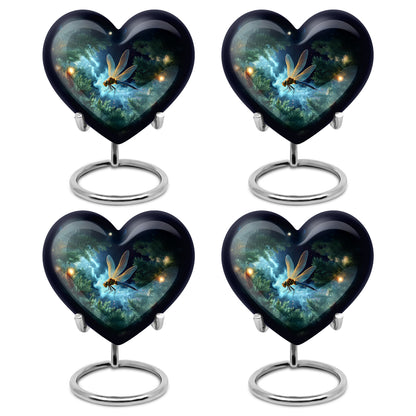 Pastel Blue Dragonfly Cremation Urn angled view of lid and engraved motif - heart-shaped dragonfly design symbolizing eternal love - 10 inch aluminum urn for cremated remains