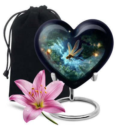 Cornflower Blue Dragonfly Cremation Urn detail view - romantic heart urn with dragonfly motif on aluminum - full-size 10 inch 200 cubic inch adult cremation urn