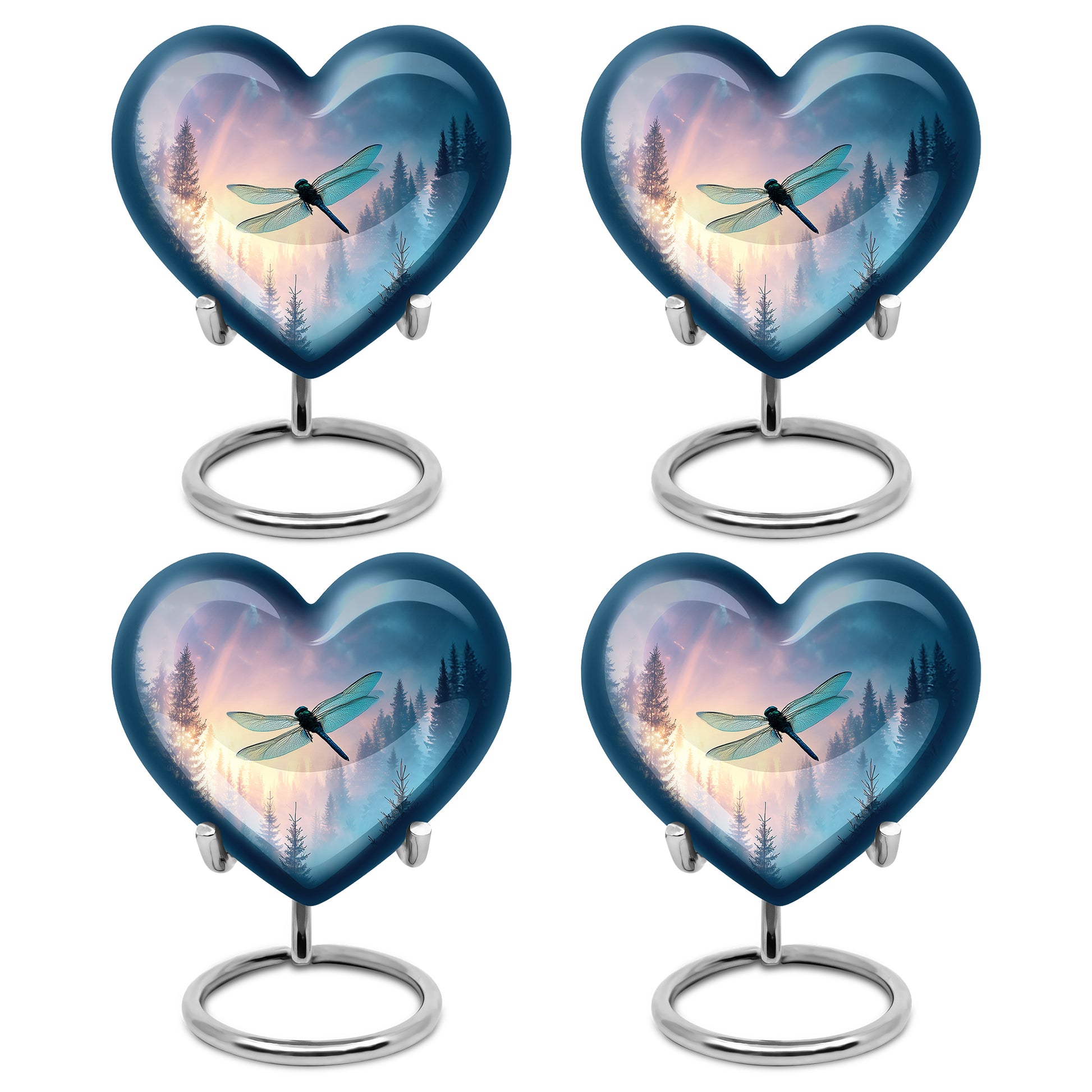 Twilight Blue Dragonfly Cremation Urn angled view of lid and engraved motif - romantic heart urn with dragonfly motif on aluminum - 10 inch aluminum urn for cremated remains