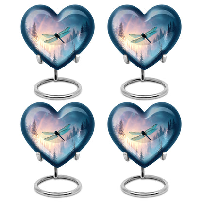 Twilight Blue Dragonfly Cremation Urn angled view of lid and engraved motif - romantic heart urn with dragonfly motif on aluminum - 10 inch aluminum urn for cremated remains