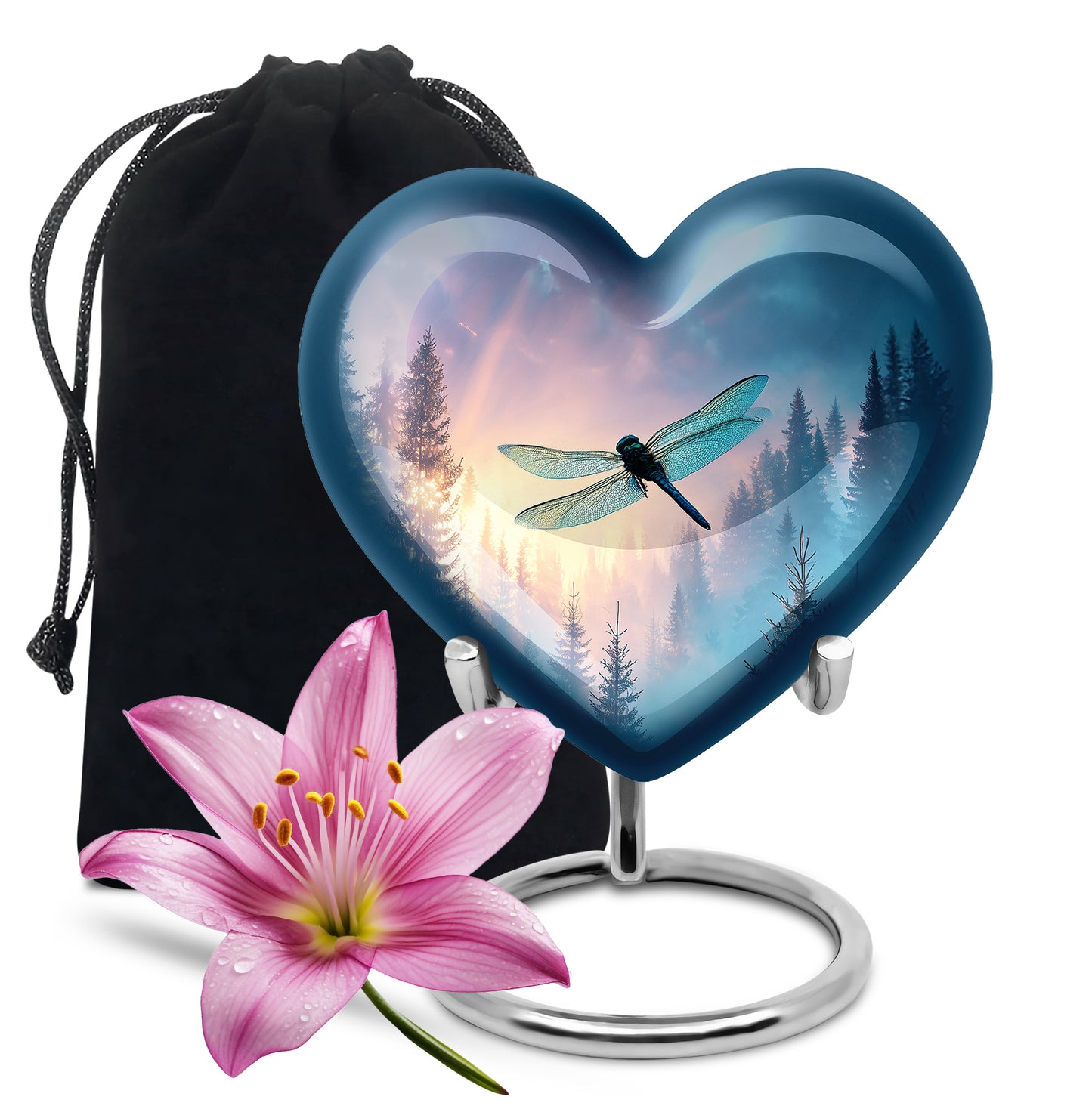 Cornflower Blue Dragonfly Cremation Urn detail view - compassionate heart-dragonfly combination with gentle curves - full-size 10 inch 200 cubic inch adult cremation urn