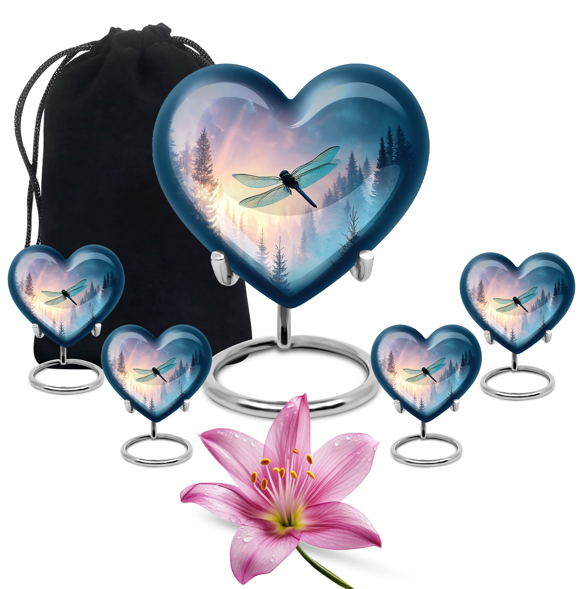 Sky Blue Dragonfly Cremation Urn close-up of engraving and surface detail - heart-shaped dragonfly design symbolizing eternal love - memorial set with one large and four small urns