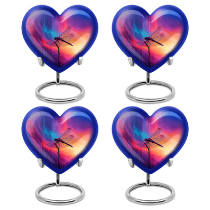 Bright Blue Dragonfly Cremation Urn angled view of lid and engraved motif - compassionate heart-dragonfly combination with gentle curves - 10 inch aluminum urn for cremated remains