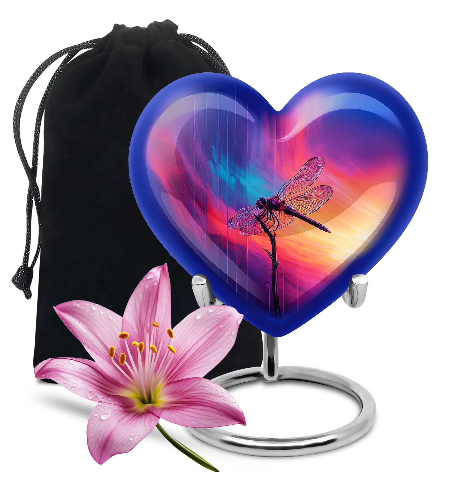 Azure Dragonfly Cremation Urn detail view - heart-shaped dragonfly design symbolizing eternal love - full-size 10 inch 200 cubic inch adult cremation urn