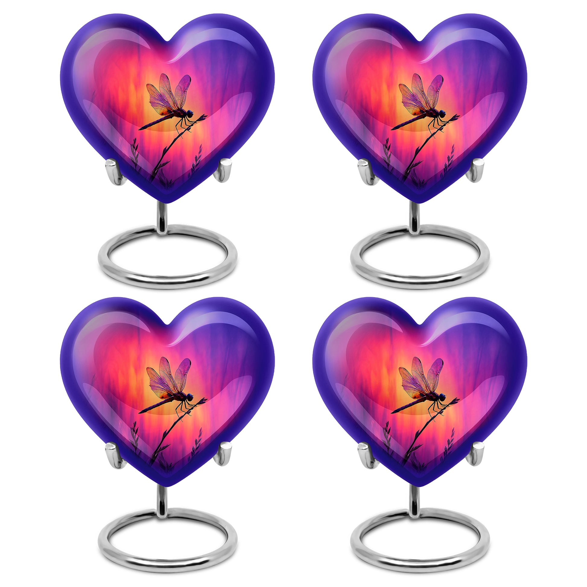 Plum Purple Dragonfly Cremation Urn angled view of lid and engraved motif - heart-shaped dragonfly design symbolizing eternal love - 10 inch aluminum urn for cremated remains