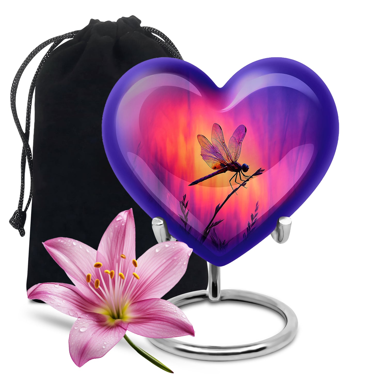 Majestic Purple Dragonfly Cremation Urn detail view - loving heart memorial featuring dragonfly pattern - full-size 10 inch 200 cubic inch adult cremation urn