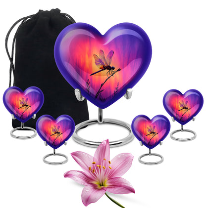 Twilight Purple Dragonfly Cremation Urn close-up of engraving and surface detail - romantic heart urn with dragonfly motif on aluminum - memorial set with one large and four small urns