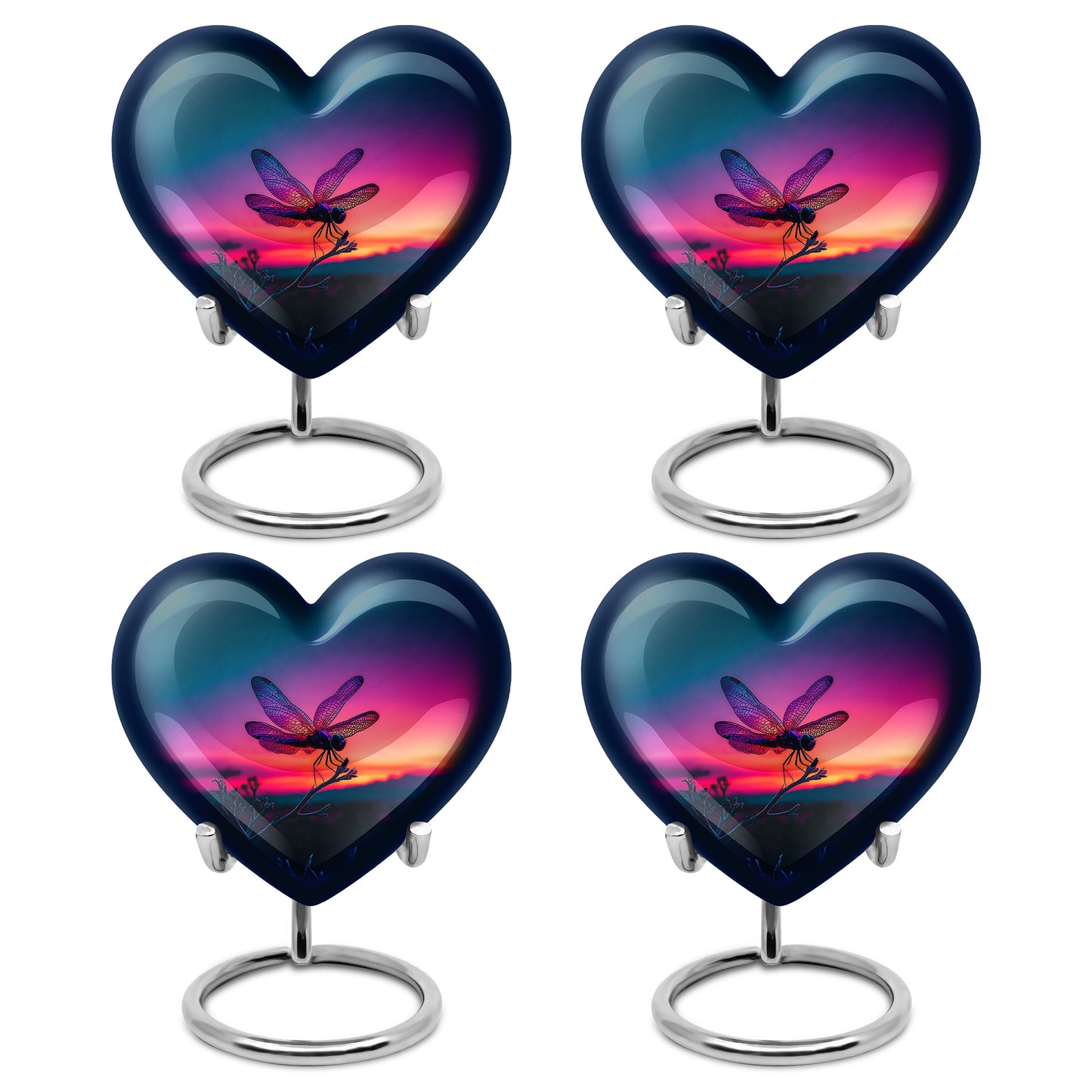 Serene Blue Dragonfly Cremation Urn angled view of lid and engraved motif - compassionate heart-dragonfly combination with gentle curves - 10 inch aluminum urn for cremated remains