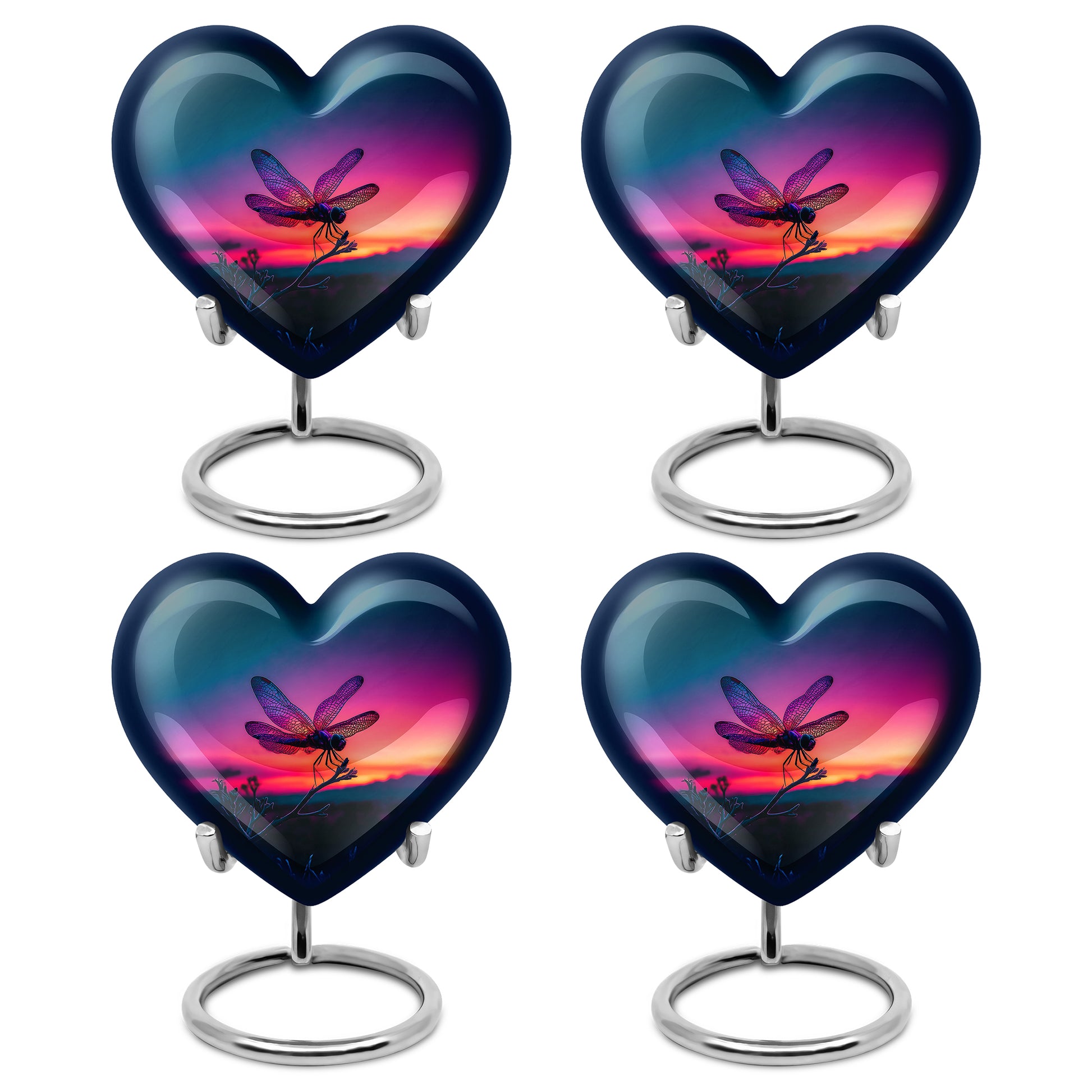 Serene Blue Dragonfly Cremation Urn angled view of lid and engraved motif - compassionate heart-dragonfly combination with gentle curves - 10 inch aluminum urn for cremated remains