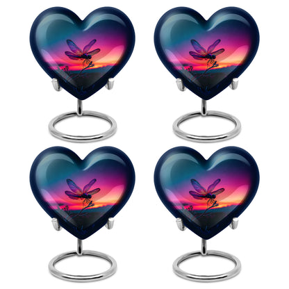 Serene Blue Dragonfly Cremation Urn angled view of lid and engraved motif - compassionate heart-dragonfly combination with gentle curves - 10 inch aluminum urn for cremated remains