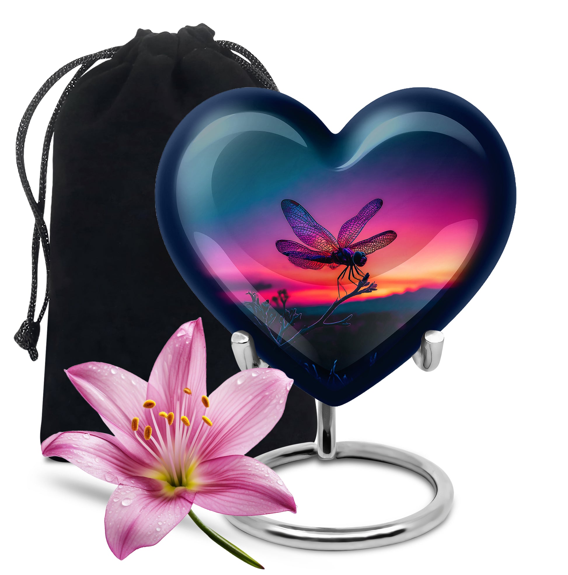 Steel Blue Dragonfly Cremation Urn detail view - romantic heart urn with dragonfly motif on aluminum - full-size 10 inch 200 cubic inch adult cremation urn