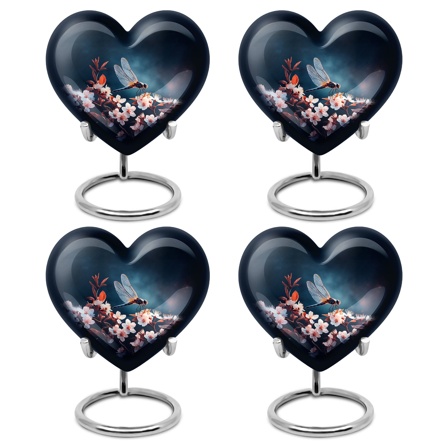 Serene Blue Dragonfly Cremation Urn angled view of lid and engraved motif - compassionate heart-dragonfly combination with gentle curves - 10 inch aluminum urn for cremated remains