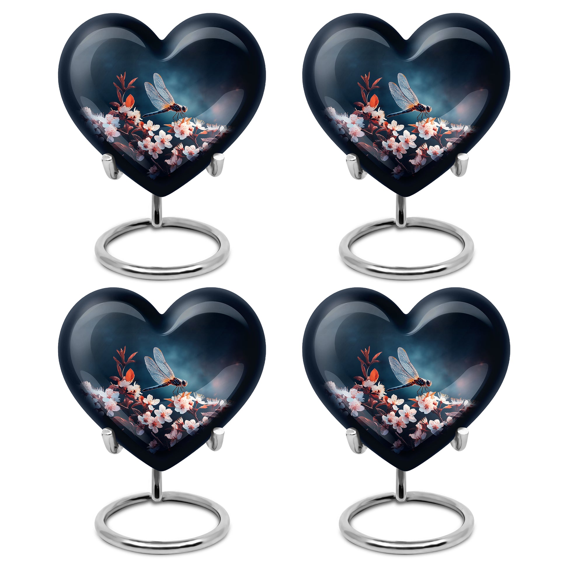 Serene Blue Dragonfly Cremation Urn angled view of lid and engraved motif - compassionate heart-dragonfly combination with gentle curves - 10 inch aluminum urn for cremated remains