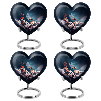 Serene Blue Dragonfly Cremation Urn angled view of lid and engraved motif - compassionate heart-dragonfly combination with gentle curves - 10 inch aluminum urn for cremated remains