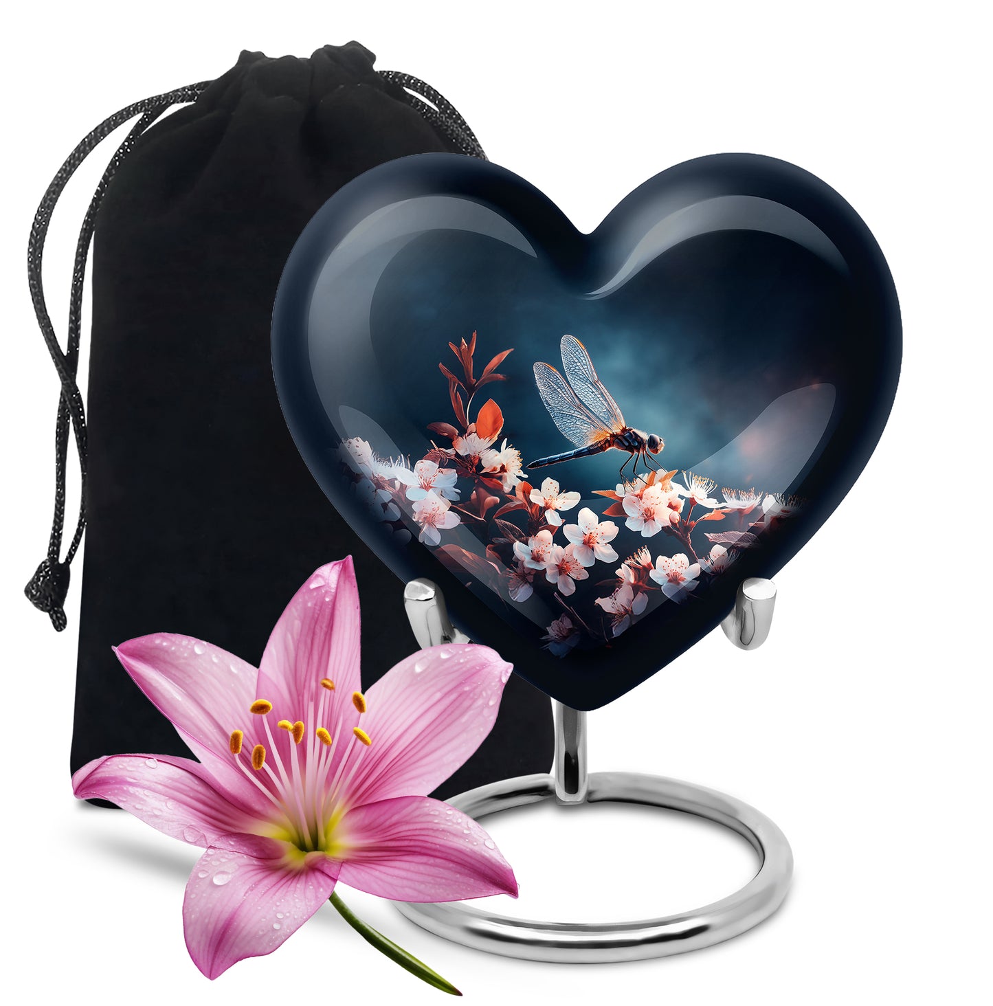 Calming Blue Dragonfly Cremation Urn detail view - compassionate heart-dragonfly combination with gentle curves - full-size 10 inch 200 cubic inch adult cremation urn