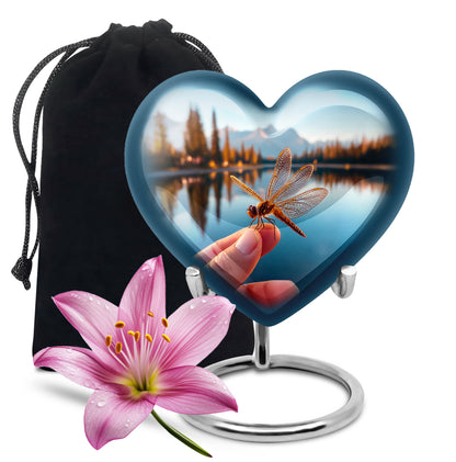 Sapphire Blue Dragonfly Cremation Urn detail view - romantic heart urn with dragonfly motif on aluminum - full-size 10 inch 200 cubic inch adult cremation urn