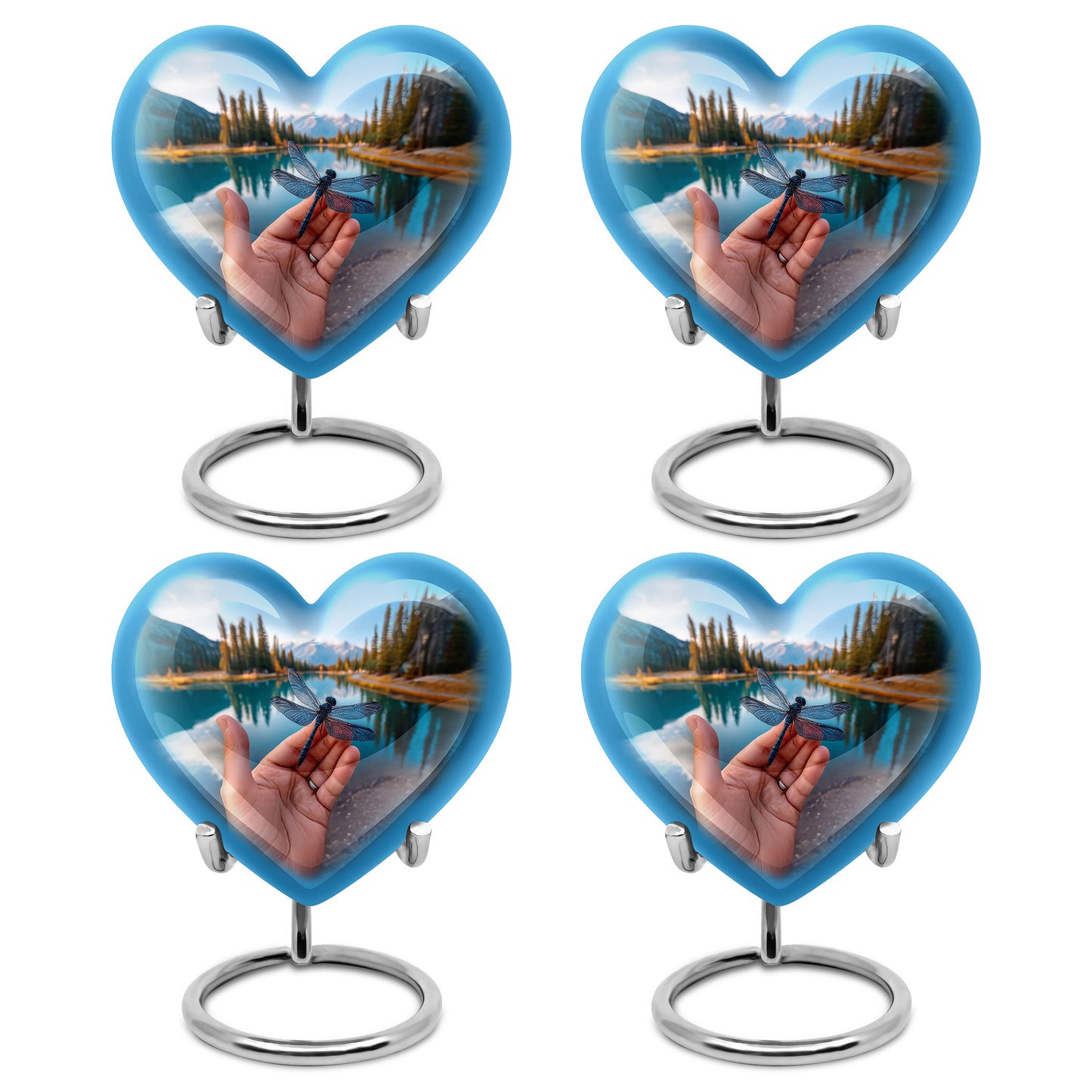 Royal Blue Dragonfly Cremation Urn angled view of lid and engraved motif - romantic heart urn with dragonfly motif on aluminum - 10 inch aluminum urn for cremated remains