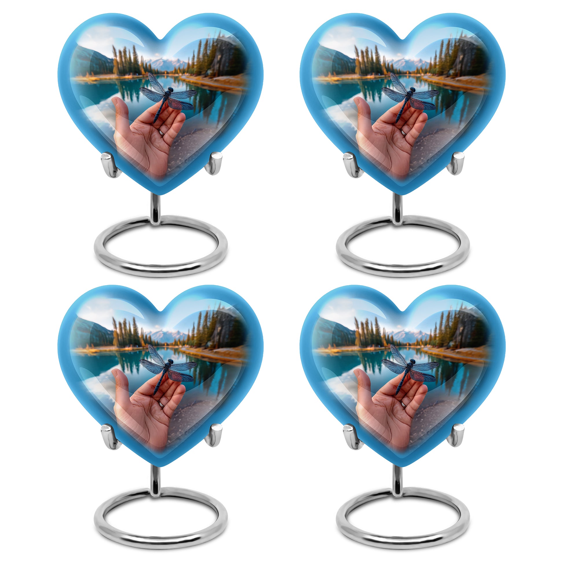Royal Blue Dragonfly Cremation Urn angled view of lid and engraved motif - romantic heart urn with dragonfly motif on aluminum - 10 inch aluminum urn for cremated remains