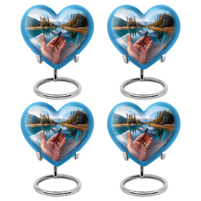 Royal Blue Dragonfly Cremation Urn angled view of lid and engraved motif - romantic heart urn with dragonfly motif on aluminum - 10 inch aluminum urn for cremated remains