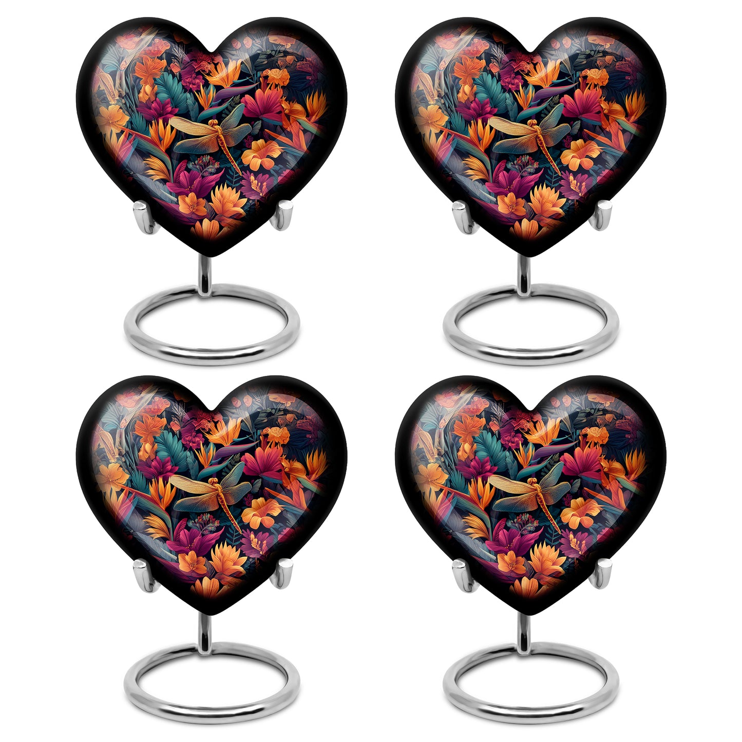 Dusty Blue Dragonfly Cremation Urn angled view of lid and engraved motif - heart-shaped dragonfly design symbolizing eternal love - 10 inch aluminum urn for cremated remains