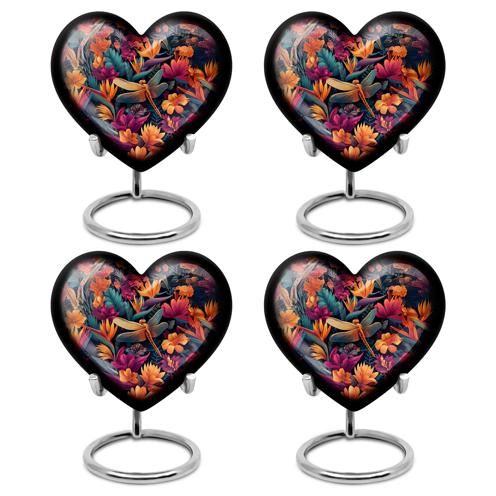 Dusty Blue Dragonfly Cremation Urn angled view of lid and engraved motif - heart-shaped dragonfly design symbolizing eternal love - 10 inch aluminum urn for cremated remains