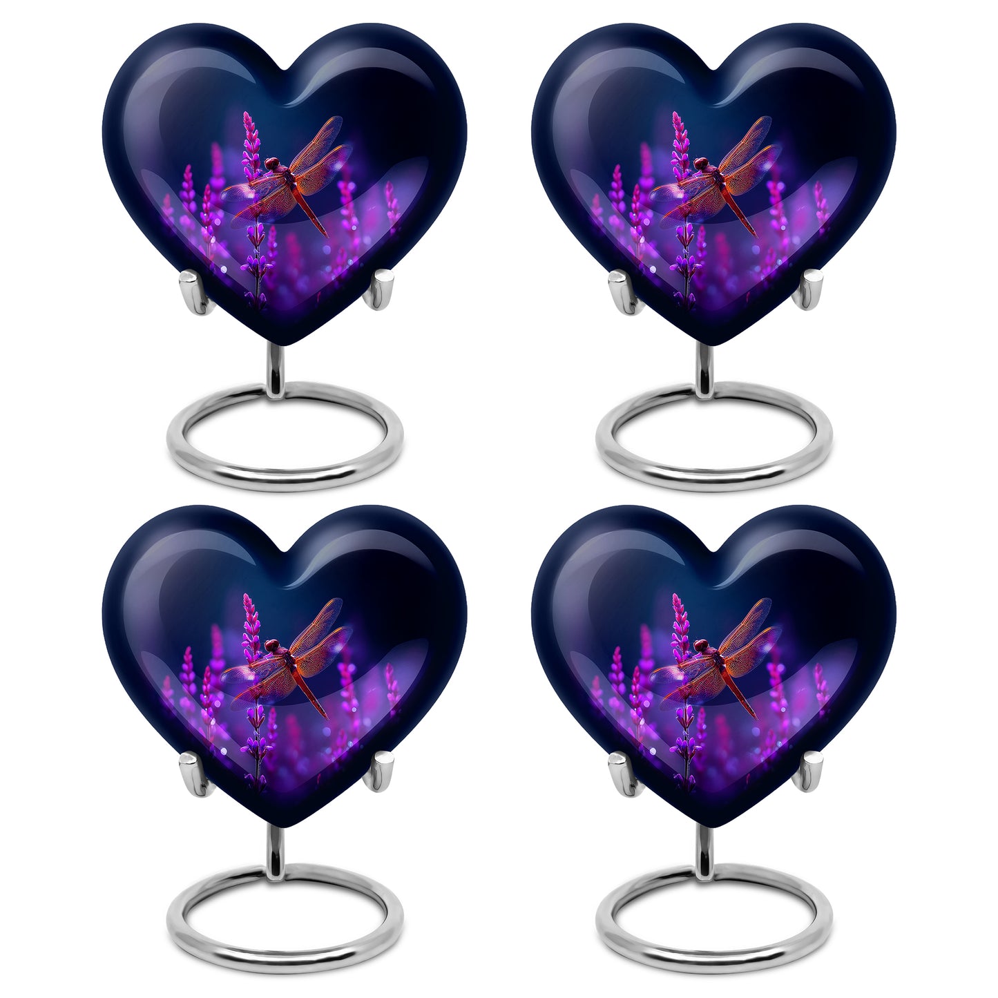 Vivid Blue Dragonfly Cremation Urn angled view of lid and engraved motif - compassionate heart-dragonfly combination with gentle curves - 10 inch aluminum urn for cremated remains