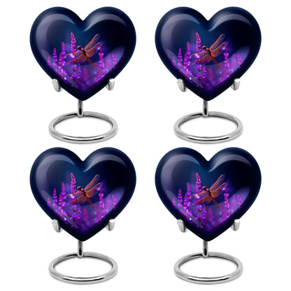 Vivid Blue Dragonfly Cremation Urn angled view of lid and engraved motif - compassionate heart-dragonfly combination with gentle curves - 10 inch aluminum urn for cremated remains