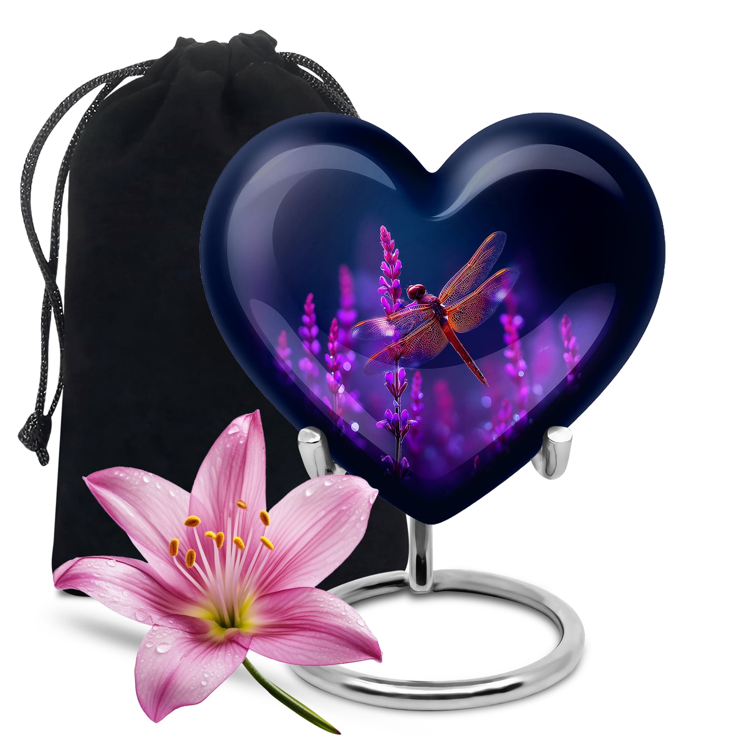 Bright Blue Dragonfly Cremation Urn detail view - compassionate heart-dragonfly combination with gentle curves - full-size 10 inch 200 cubic inch adult cremation urn